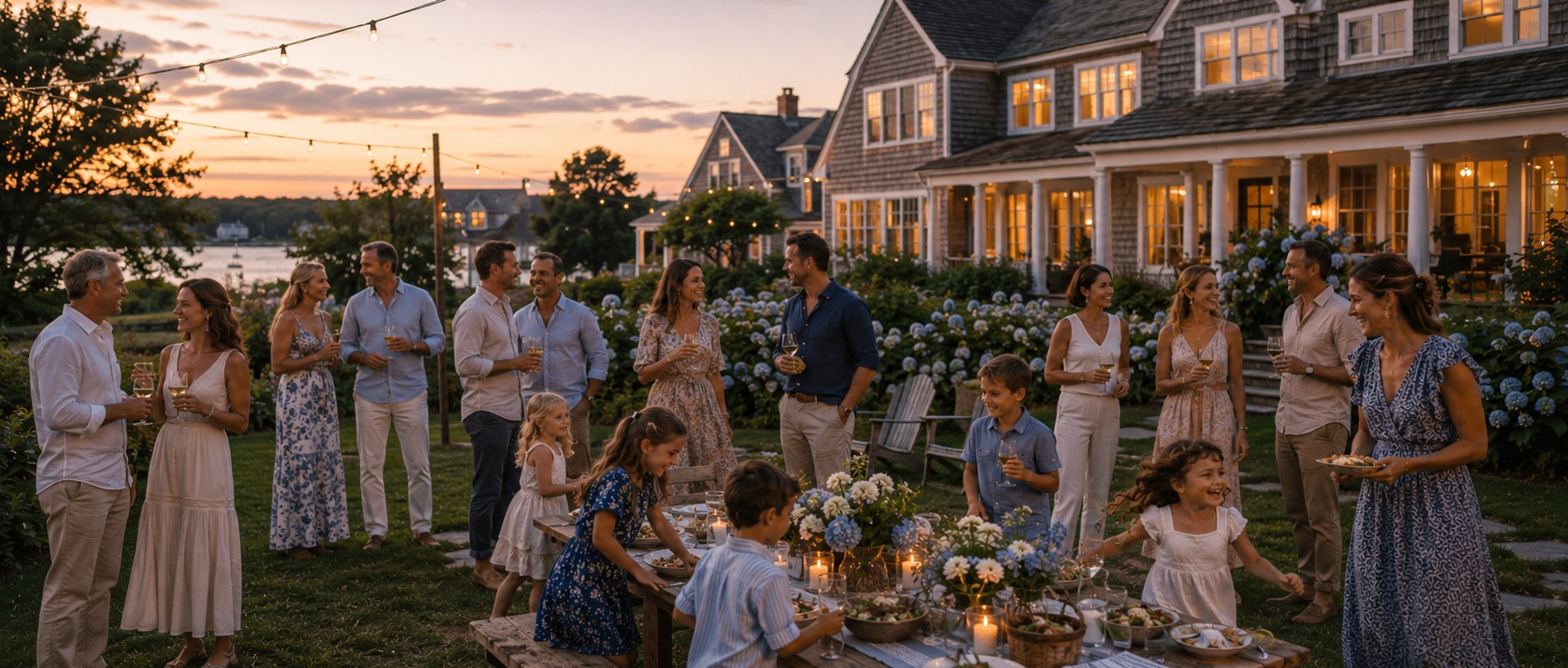 A large multigenerational family gathered at sunset outside an upscale estate home.